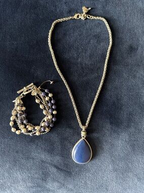 Lucky Silver-Tone Necklace with Blue Teardrop Pendant and Matching Bracelet Set